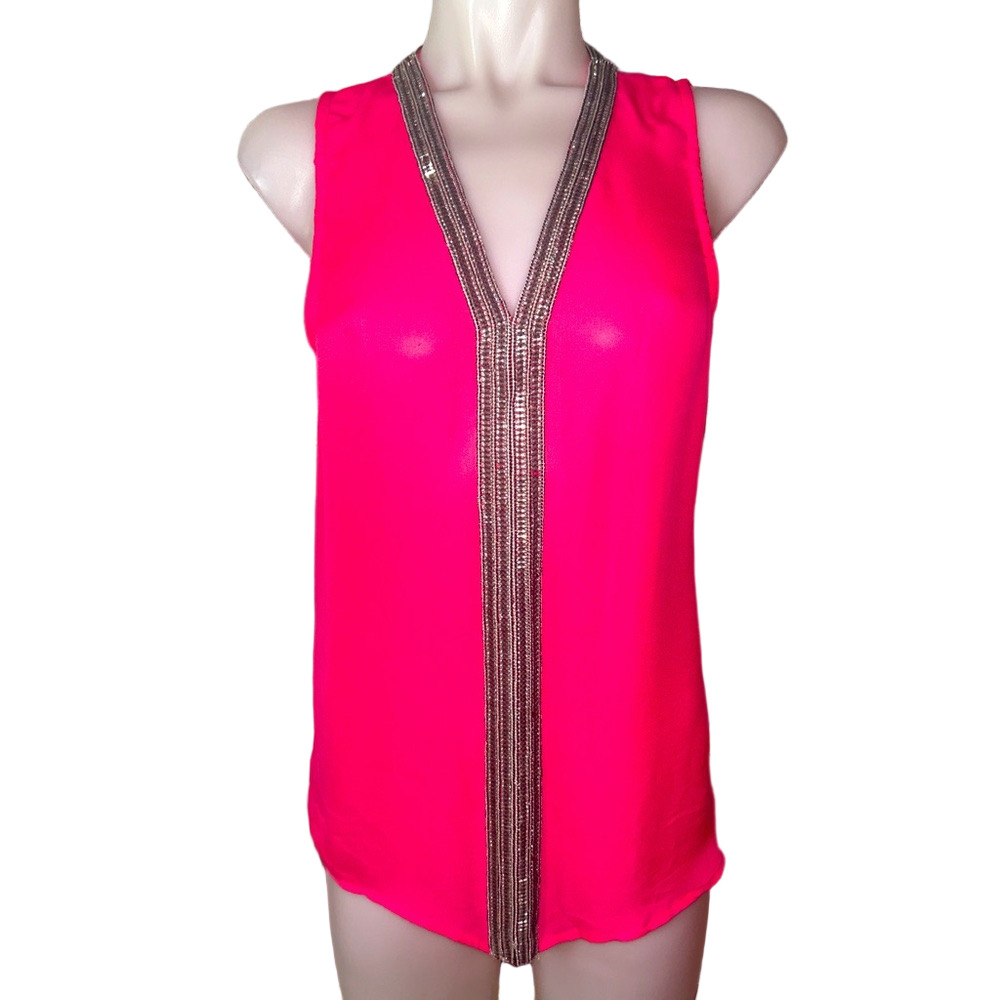 🍀 3 for $25 Parker Nahla Pink Tank Top 100% Silk Shirt Silver Beaded Neon Medium